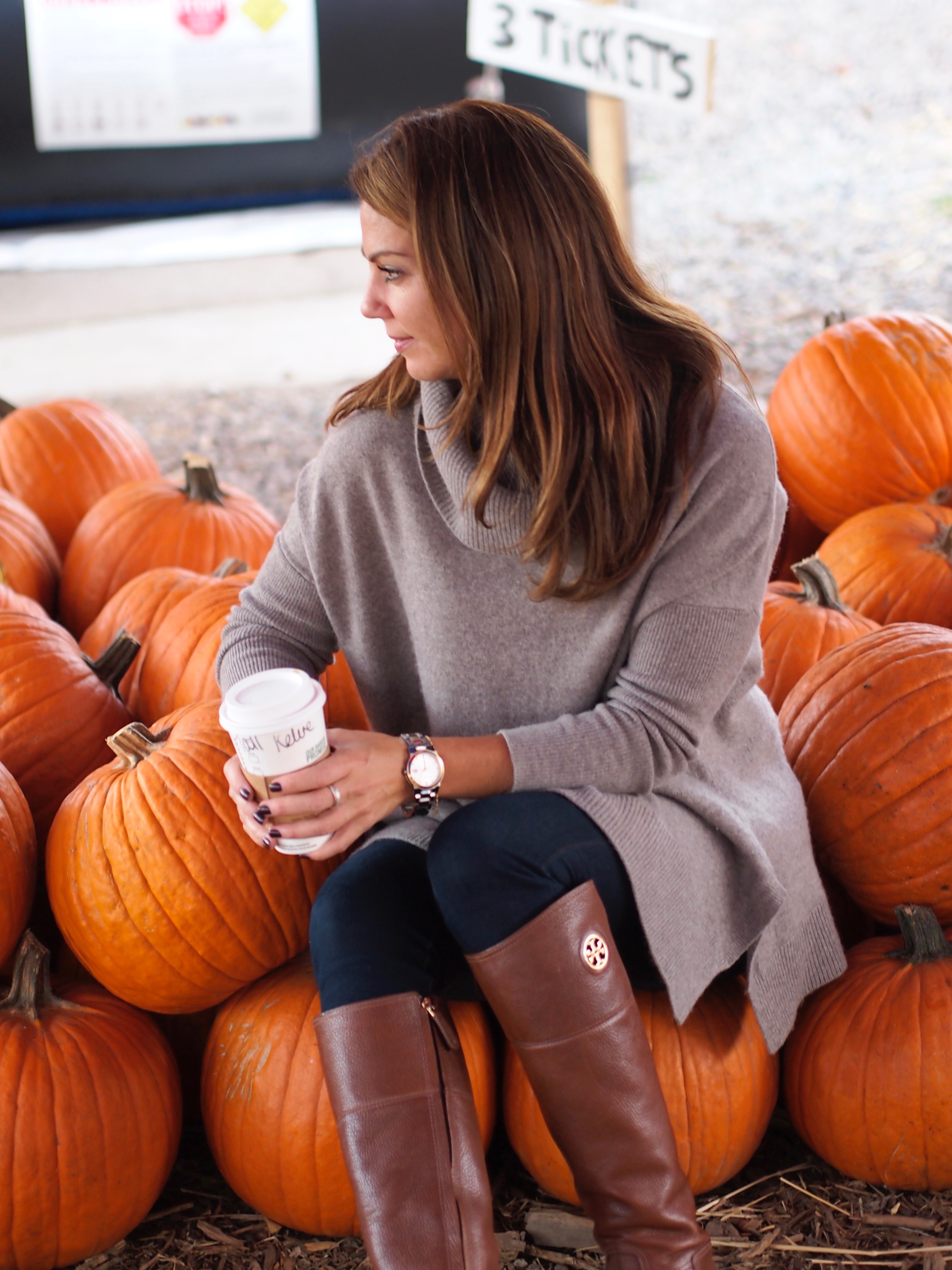Sitting, Starbucks, Cashmere, Pumpkins, fall, Tory Burch, boots, Tall  boots, sweaters, pumpkin spice latte - The Bicoastal Beauty
